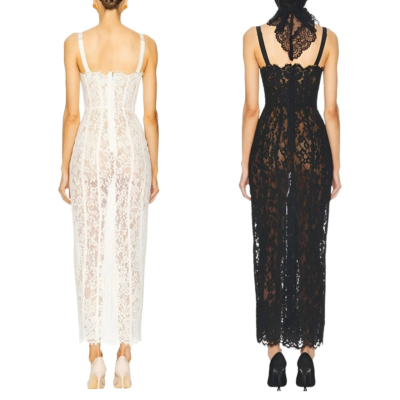 Back view of white and black sheer lace bodycon dresses on a white background