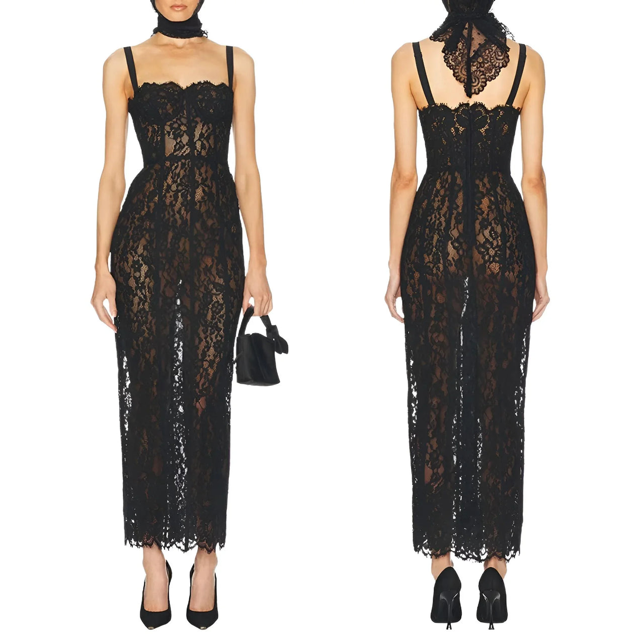 Black sheer lace bodycon dress shown both front and back on a white