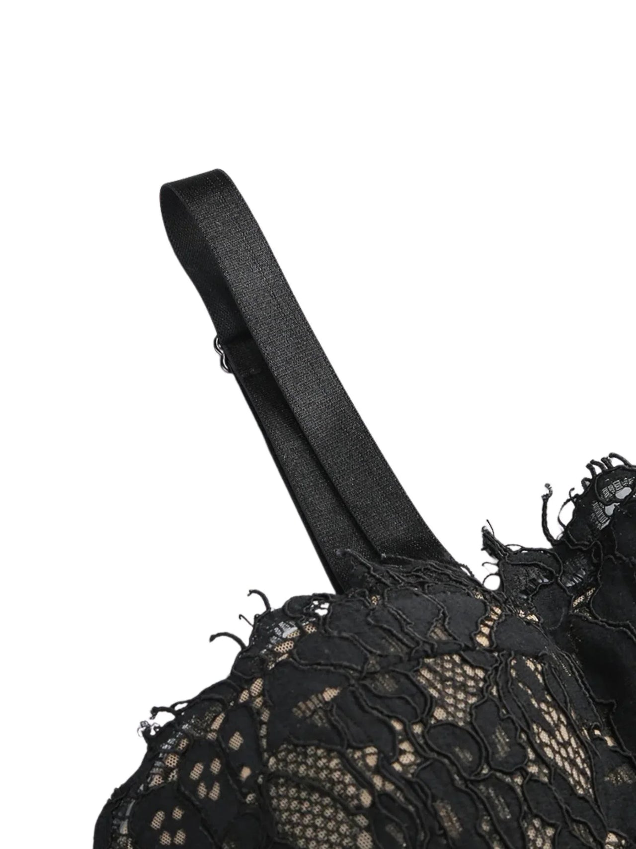 Black sheer lace bodycon dress with a strap on a white background