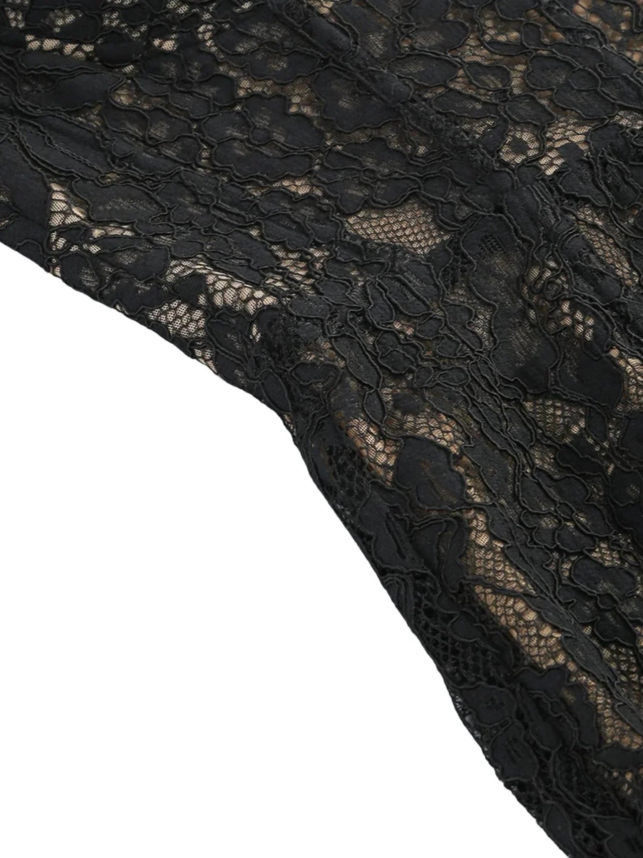 Close-up of black sheer lace bodycon dress fabric on a white background