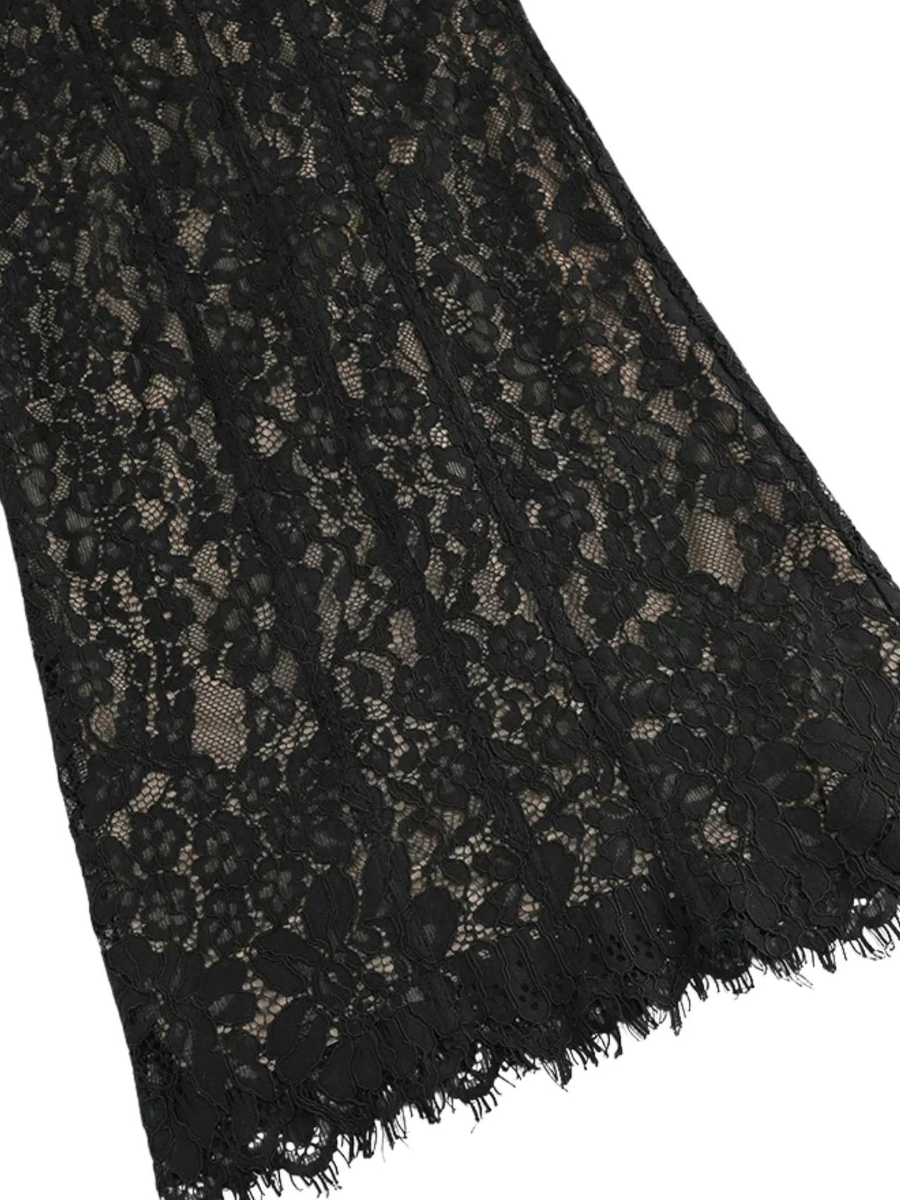 Close-up of black sheer lace bodycon dress fabric on a white background