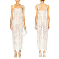Thumbnail for White sheer lace bodycon dress shown from front and back on a white background