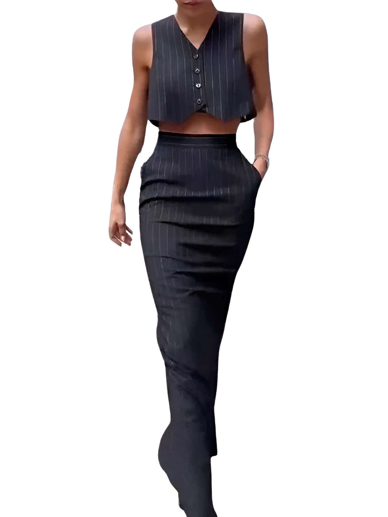 Elegant Black Sleeveless Single Breasted Button Vest & A Line Skirt Set: Shop Drestiny for this chic ensemble. Enjoy free shipping and let us cover the tax! Seen on FOX/NBC/CBS. Save up to 50% for a limited time.