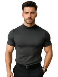 Thumbnail for Man wearing a dark gray mock neck shirt on a white background