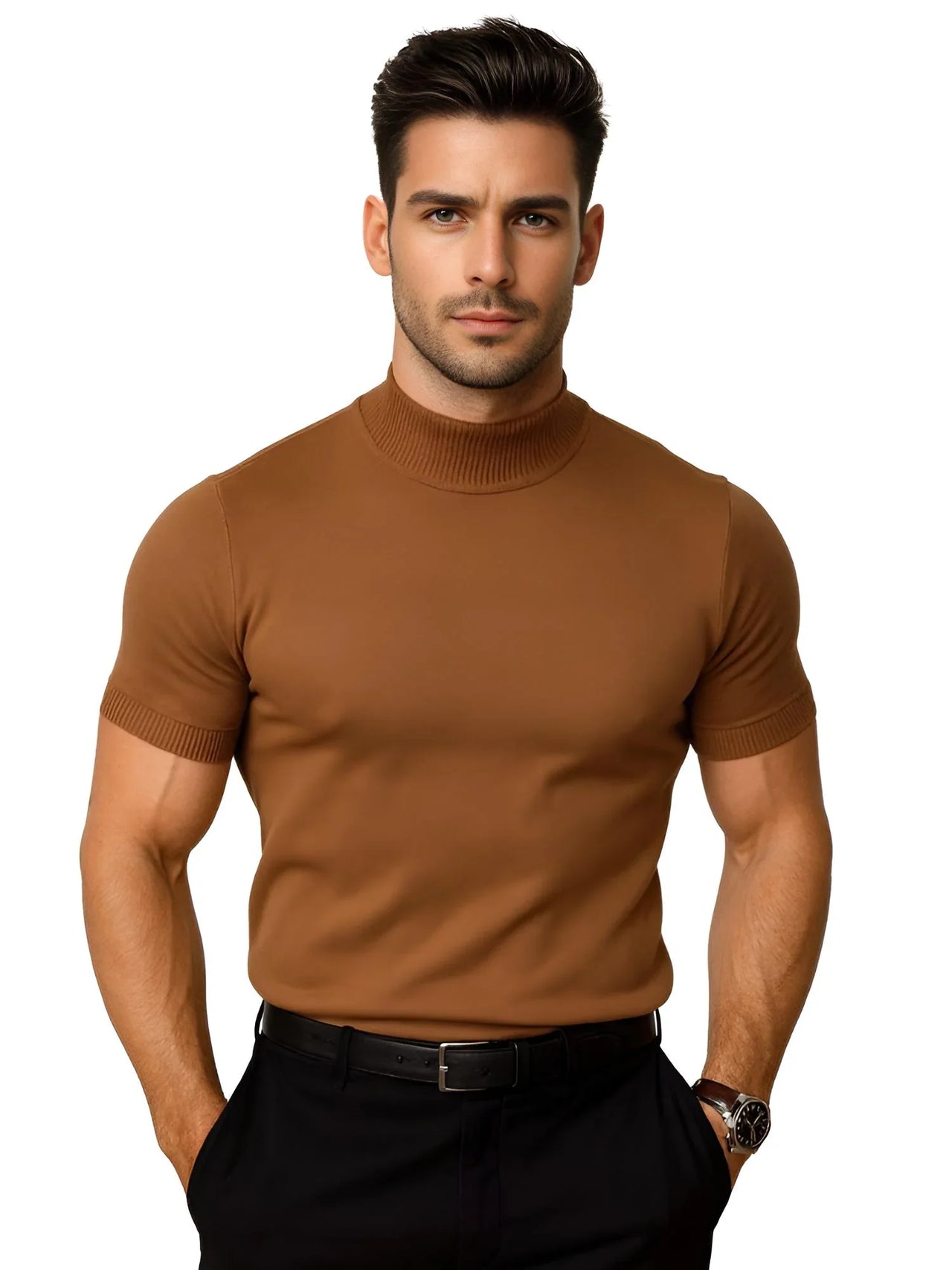 Man wearing a brown mock neck shirt on a white background