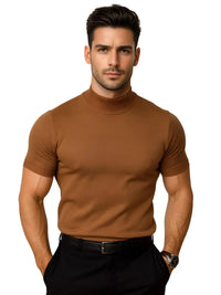 Thumbnail for Man wearing a brown mock neck shirt on a white background