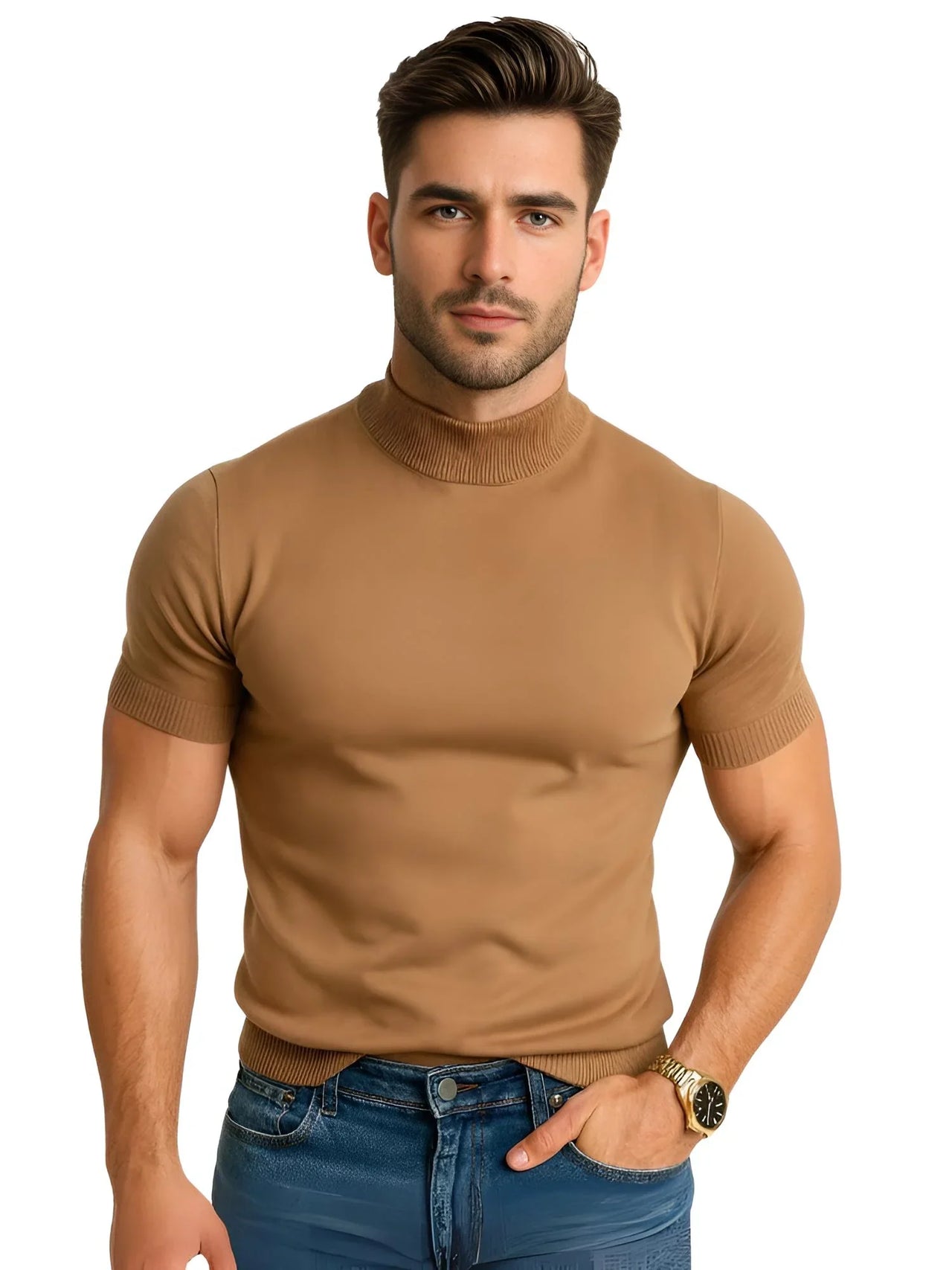 Man wearing a tan mock neck shirt and blue jeans on a white background