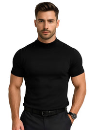 Thumbnail for Man wearing a black mock neck shirt and dark pants on a white background