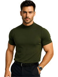 Thumbnail for Man wearing an army green mock neck shirt and black pants on a white background