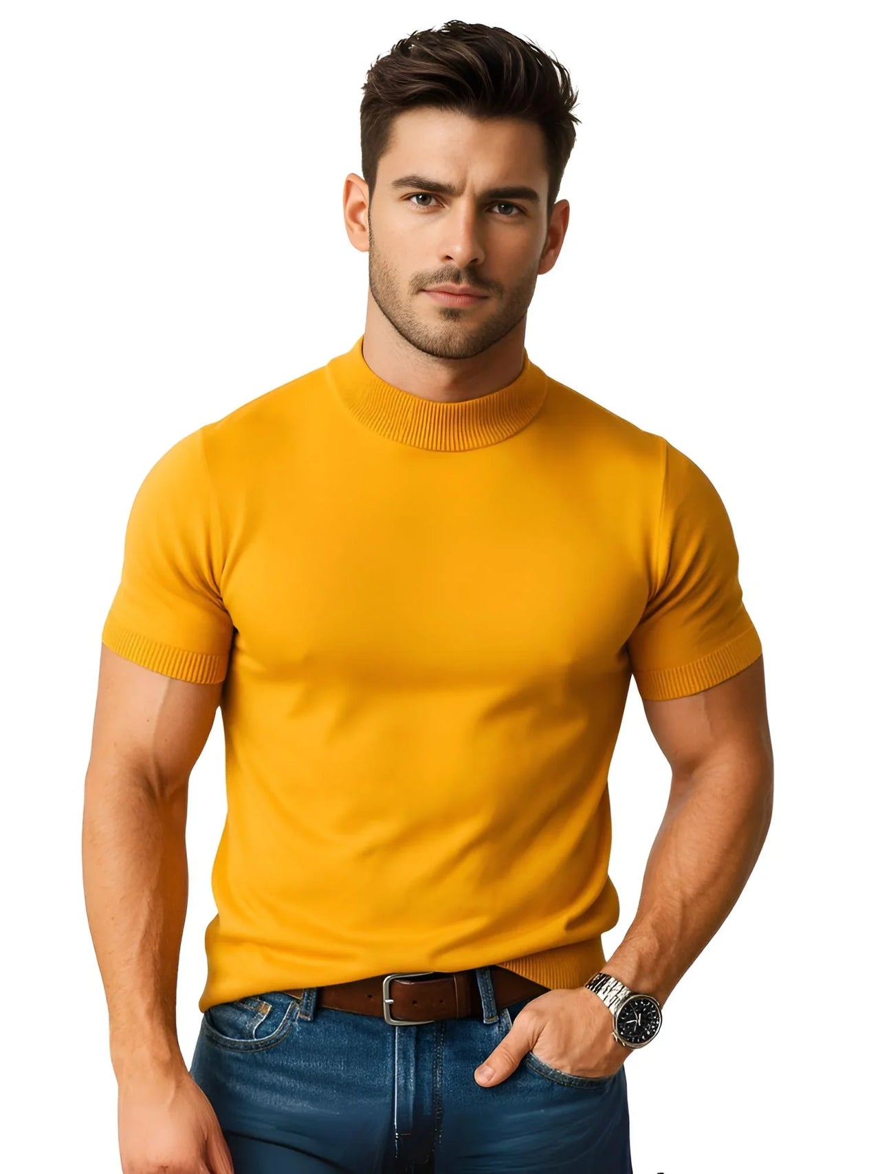 Man wearing a short sleeve yellow mock neck shirt and blue jeans on a white background