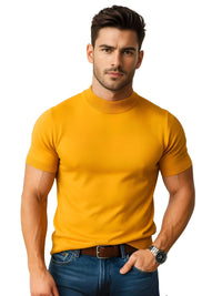 Thumbnail for Man wearing a short sleeve yellow mock neck shirt and blue jeans on a white background