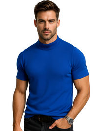 Thumbnail for Man wearing a blue mock neck shirt on a white background