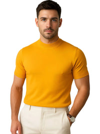 Thumbnail for Man wearing a yellow mock neck shirt and white pants on a white background