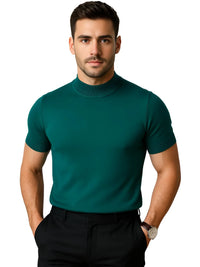 Thumbnail for Man wearing a dark green mock neck shirt against a white background