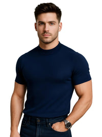 Thumbnail for Man wearing a navy blue mock neck shirt on a white background