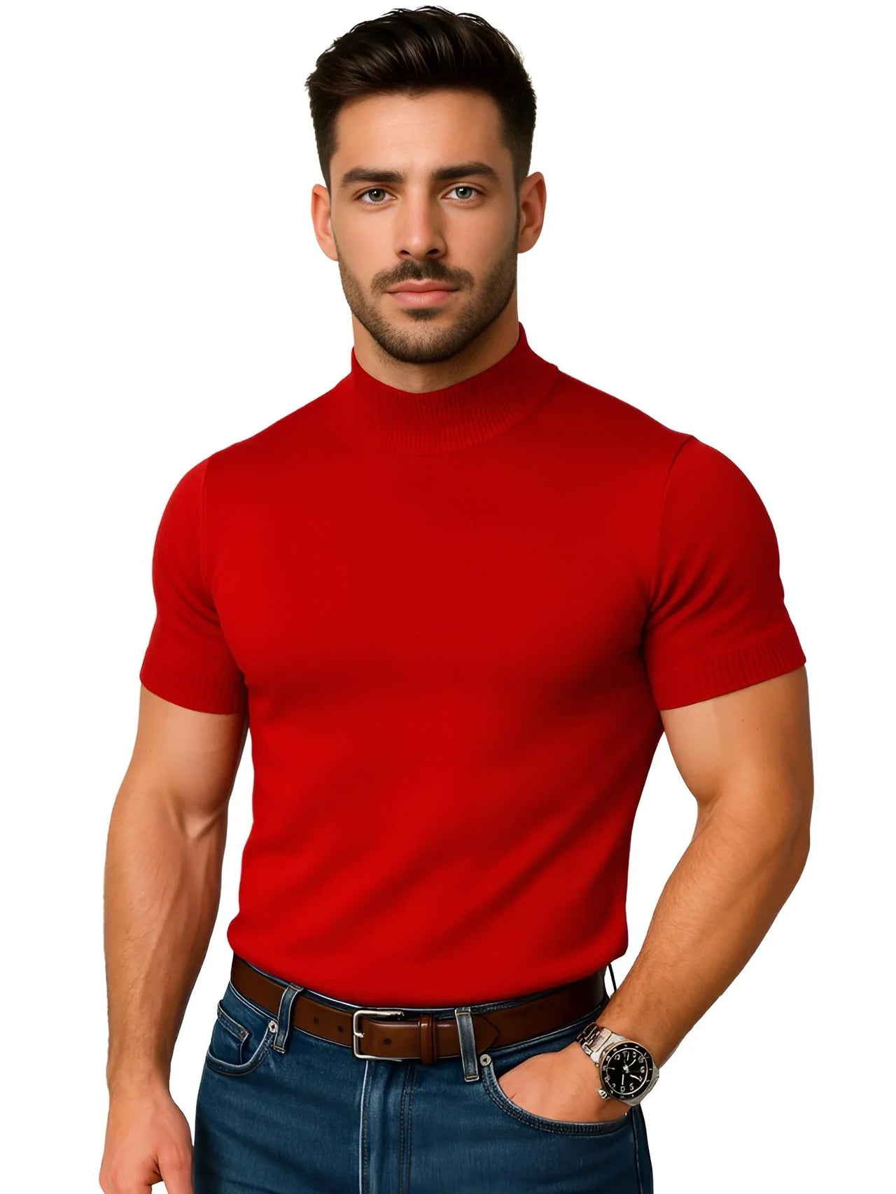 Man wearing a red mock neck shirt and blue jeans on a white background