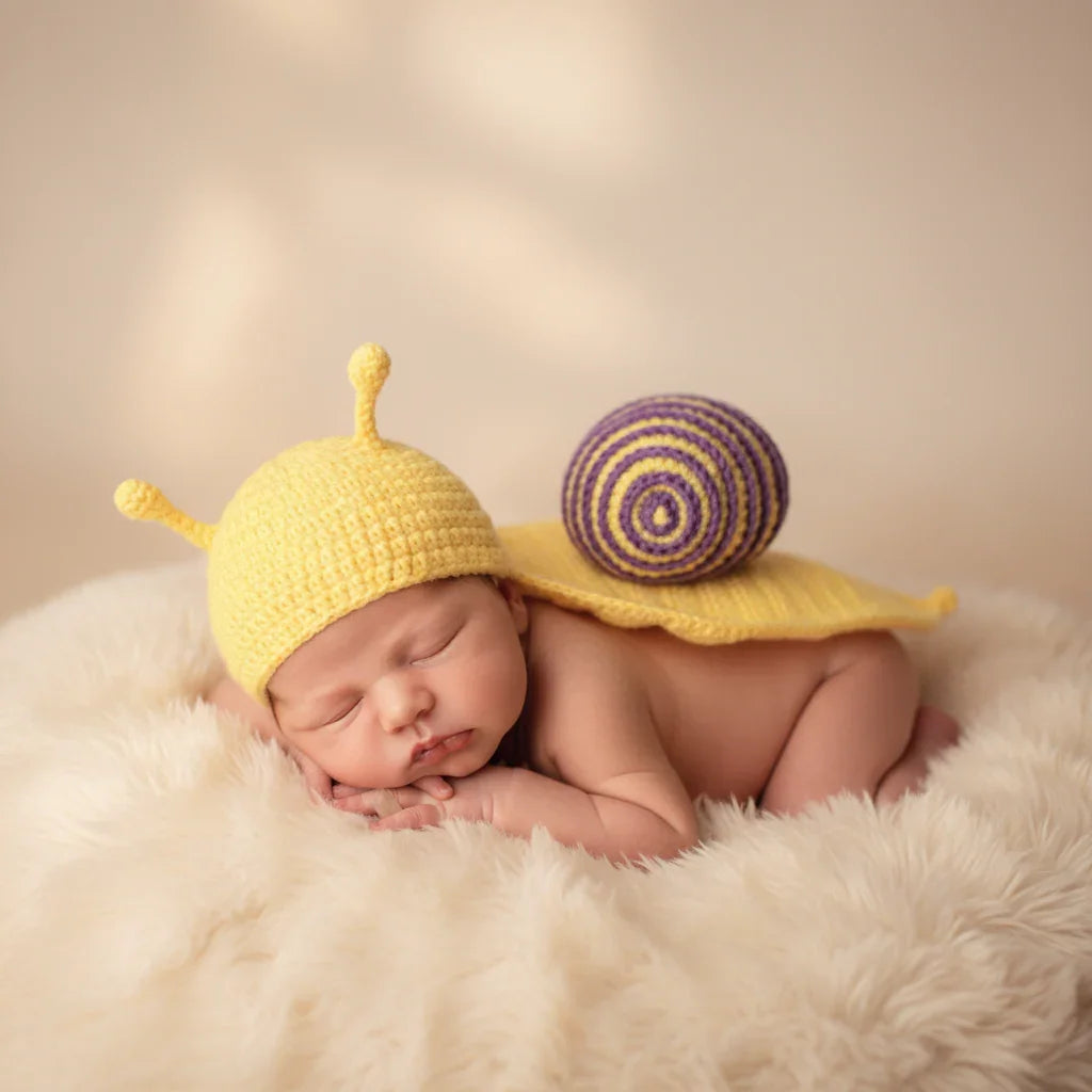 Newborn baby wearing a yellow snail hat with a purple shell on a soft beige background