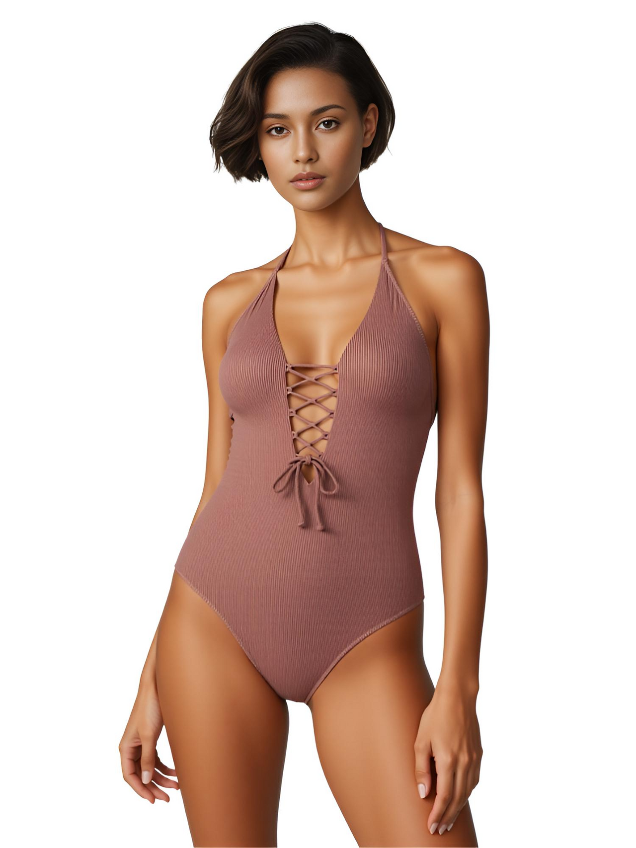 Woman wearing a brown halter neck swimsuit on a white background
