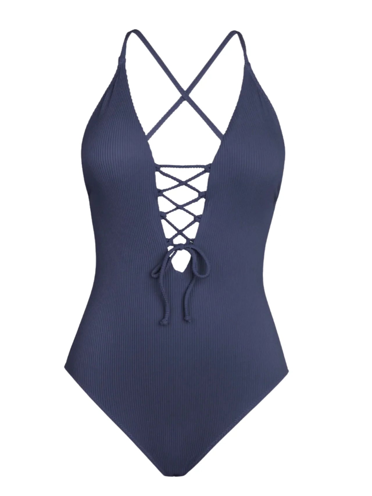 Navy blue one-piece swimsuit with criss-cross lace-up front on a white background