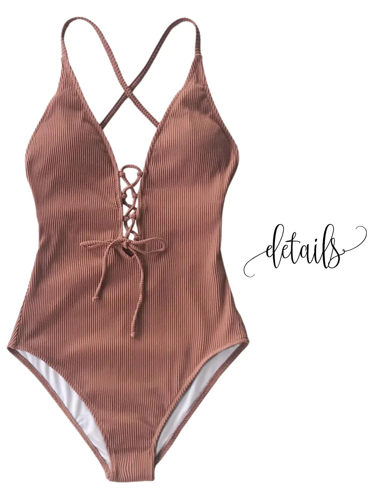 Brown ribbed swimsuit with criss-cross straps on a white background