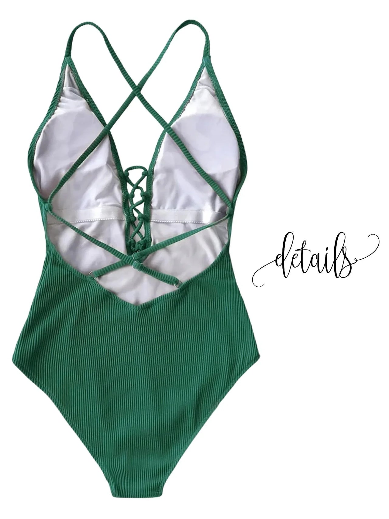 Green ribbed swimsuit with criss-cross straps on a white background