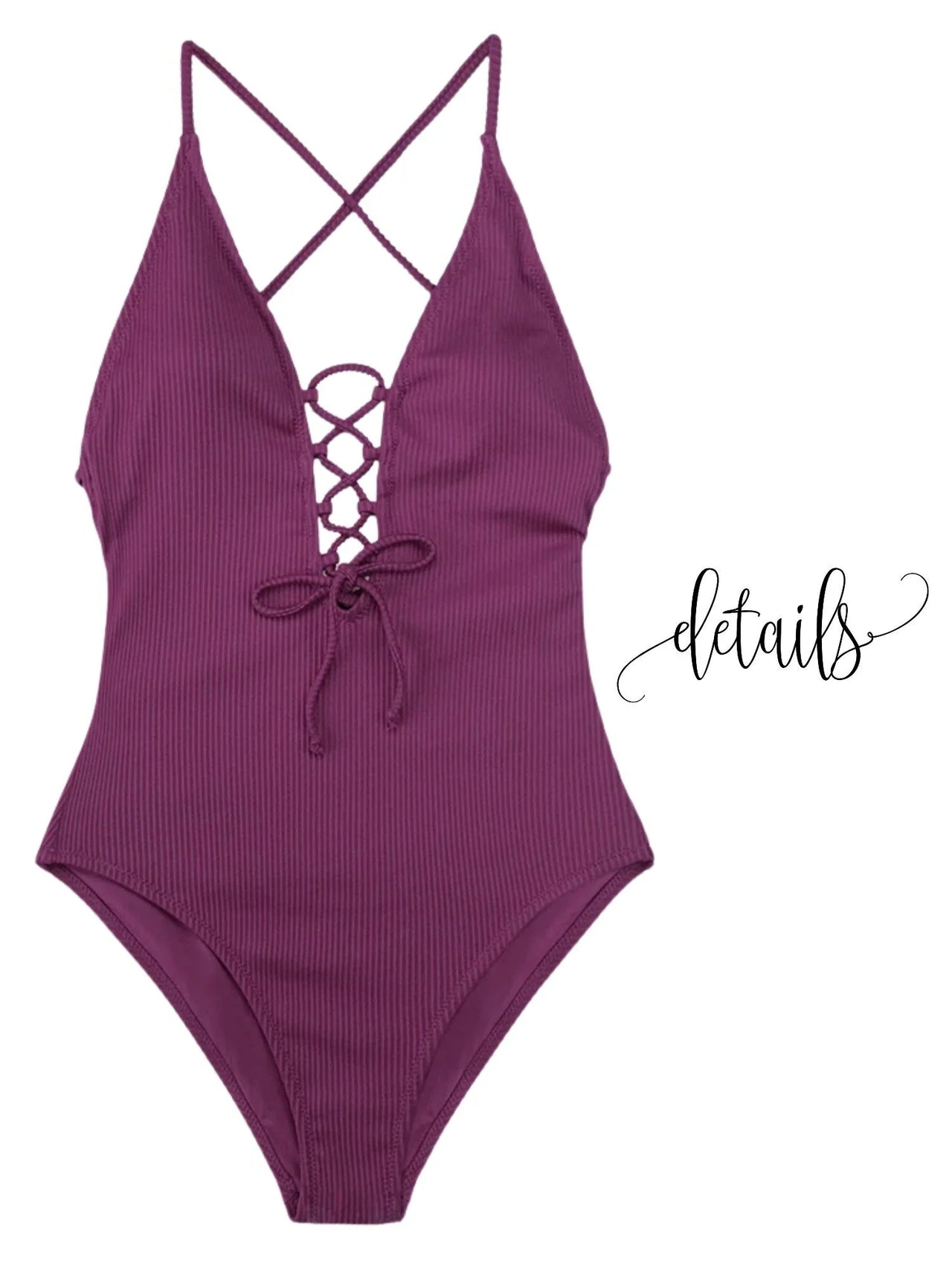 Purple swimsuit with criss-cross straps on a white background