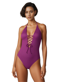 Thumbnail for Women's One-Piece Backless Swimsuit Deep V Neck Lace Up Bathing Suit