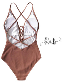 Thumbnail for Brown ribbed one-piece swimsuit with criss-cross straps on a white background