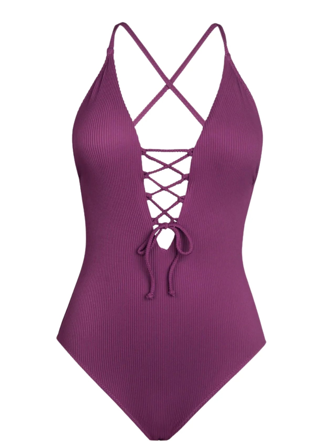 Purple one-piece swimsuit with criss-cross straps on a white background