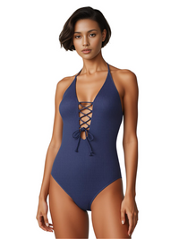 Thumbnail for Woman wearing a blue halter neck swimsuit on a white background