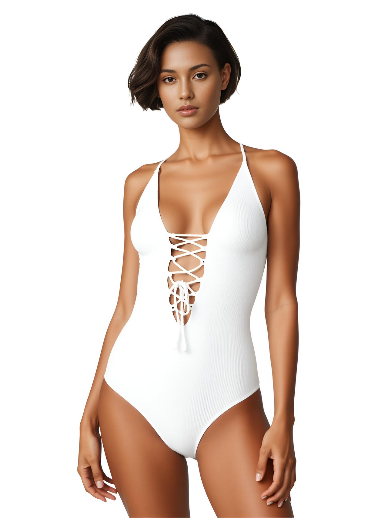 Woman wearing a white one-piece swimsuit with lace-up details on a white background