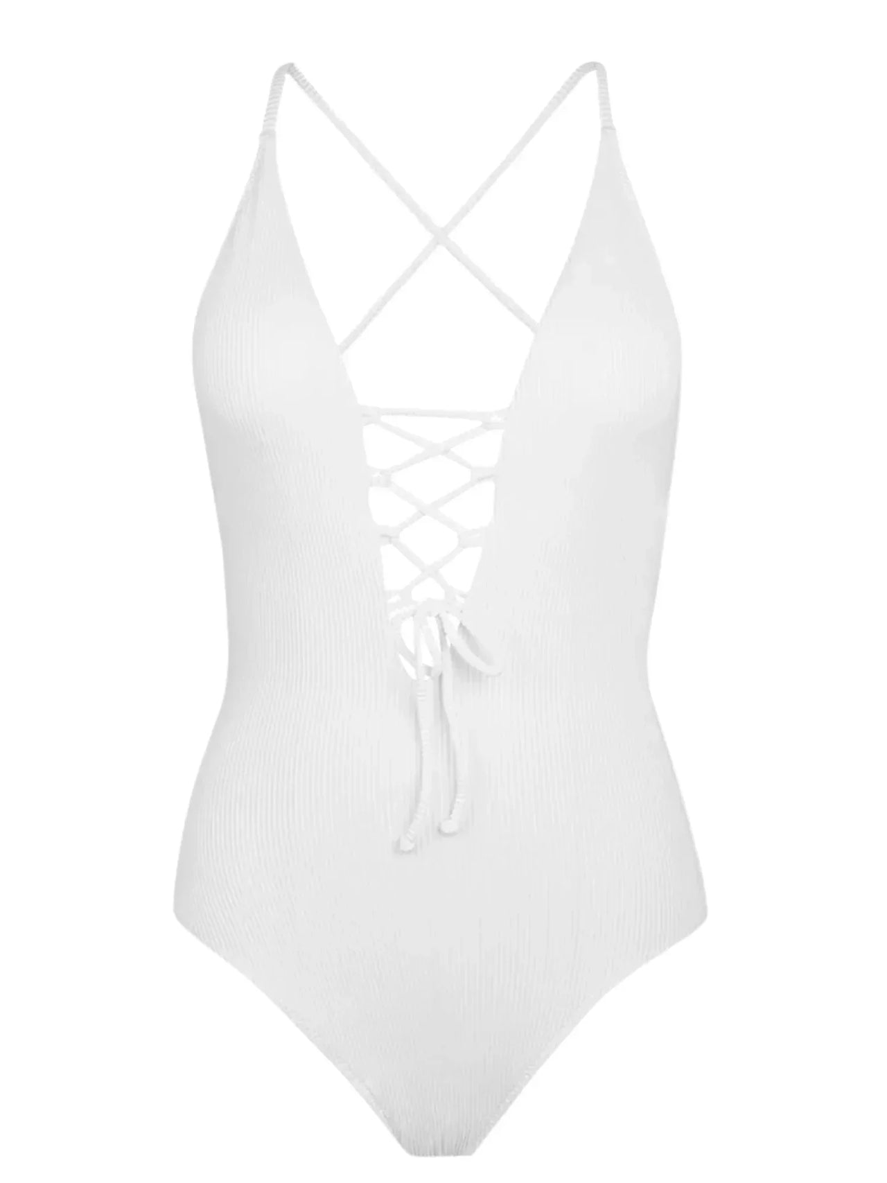 White swimsuit with criss-cross straps on a white background
