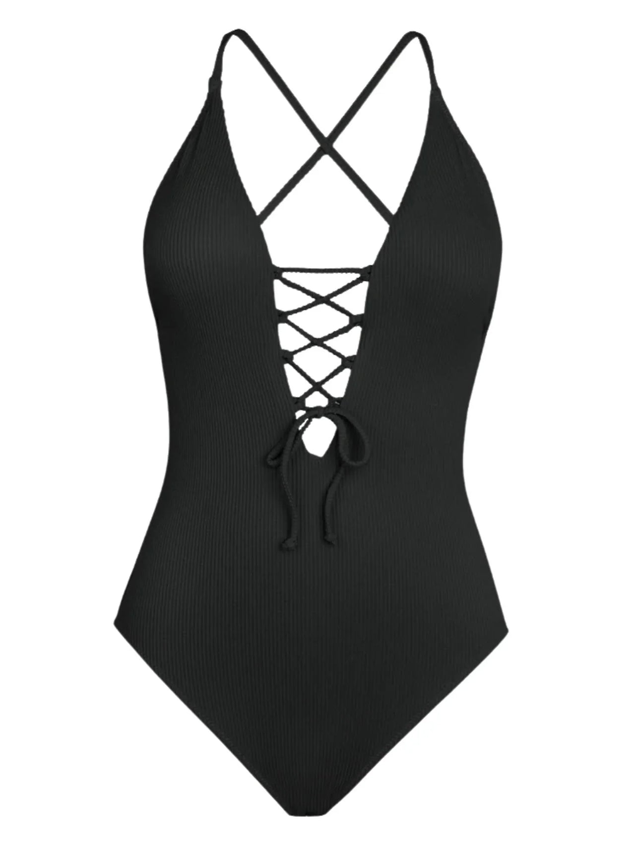 Black one-piece swimsuit with criss-cross lace-up back on a white background