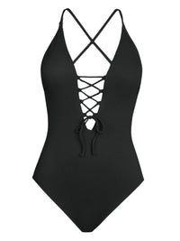 Thumbnail for Black one-piece swimsuit with criss-cross lace-up back on a white background
