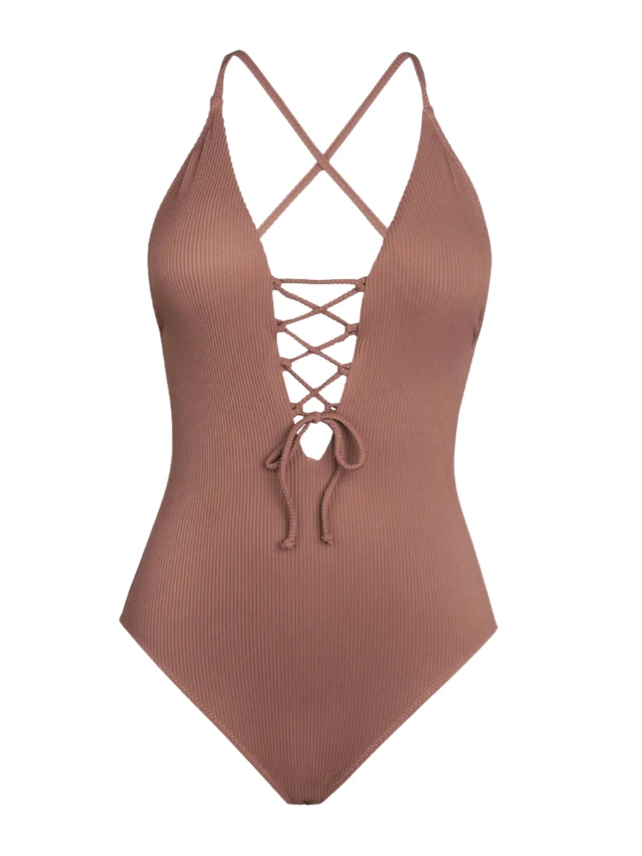 Brown ribbed swimsuit with criss-cross straps on a white background