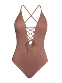 Thumbnail for Brown ribbed swimsuit with criss-cross straps on a white background