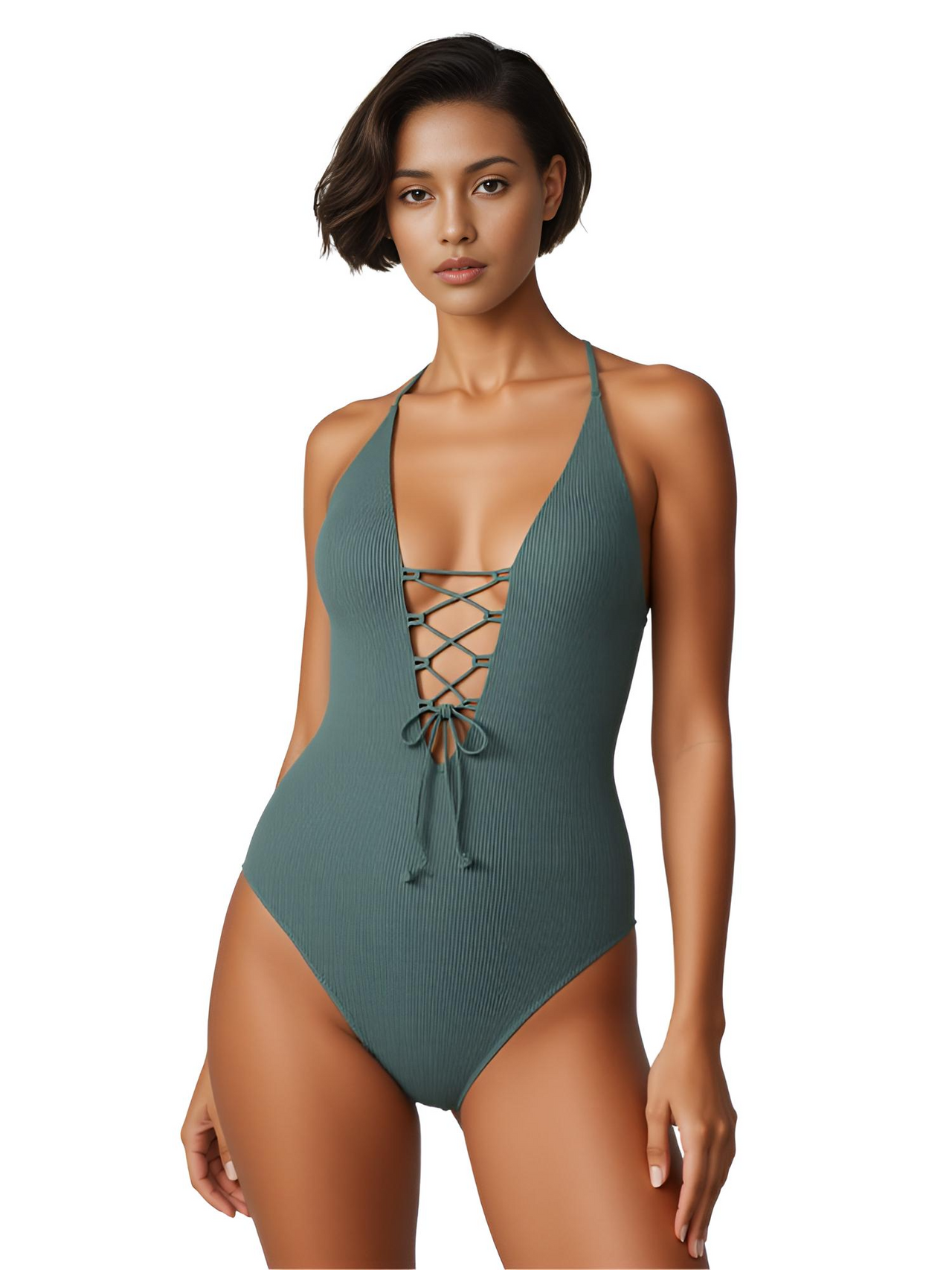 Woman wearing a bean green one-piece swimsuit with a white background