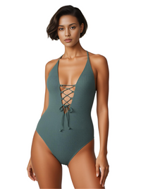Thumbnail for Woman wearing a bean green one-piece swimsuit with a white background