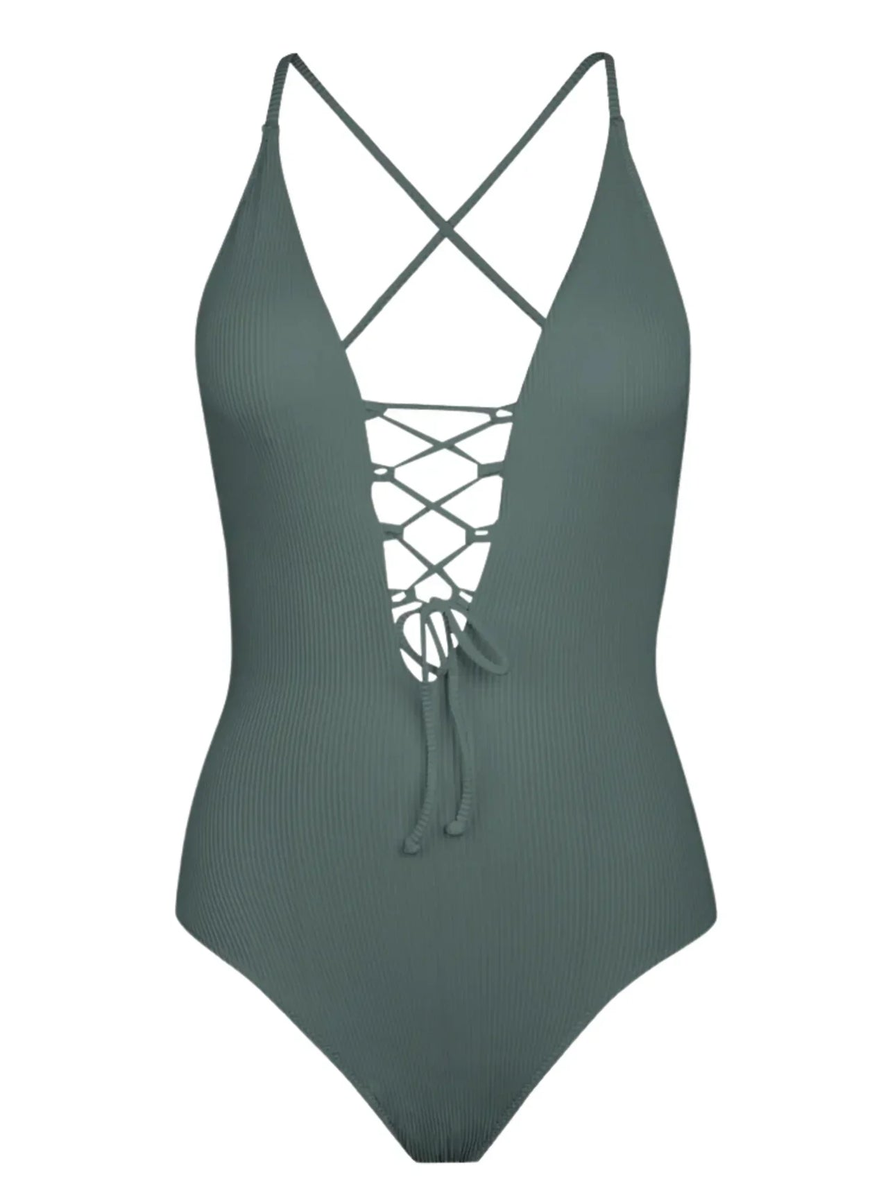 Green swimsuit with criss-cross straps on a white background