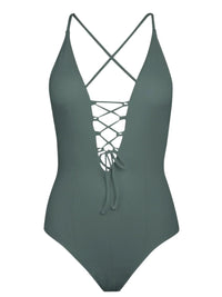 Thumbnail for Green swimsuit with criss-cross straps on a white background