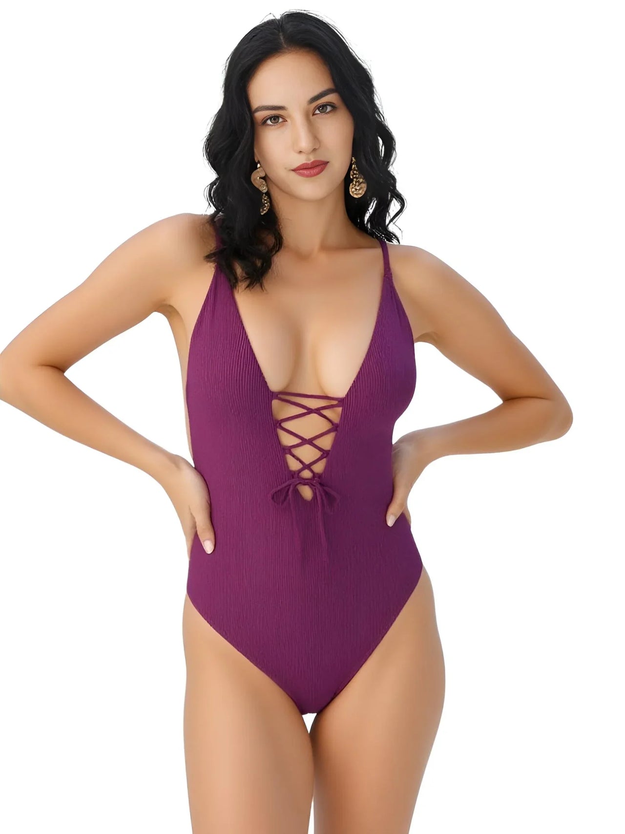 Women's One-Piece Backless Swimsuit Deep V Neck Lace Up Bathing Suit