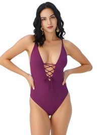 Thumbnail for Women's One-Piece Backless Swimsuit Deep V Neck Lace Up Bathing Suit