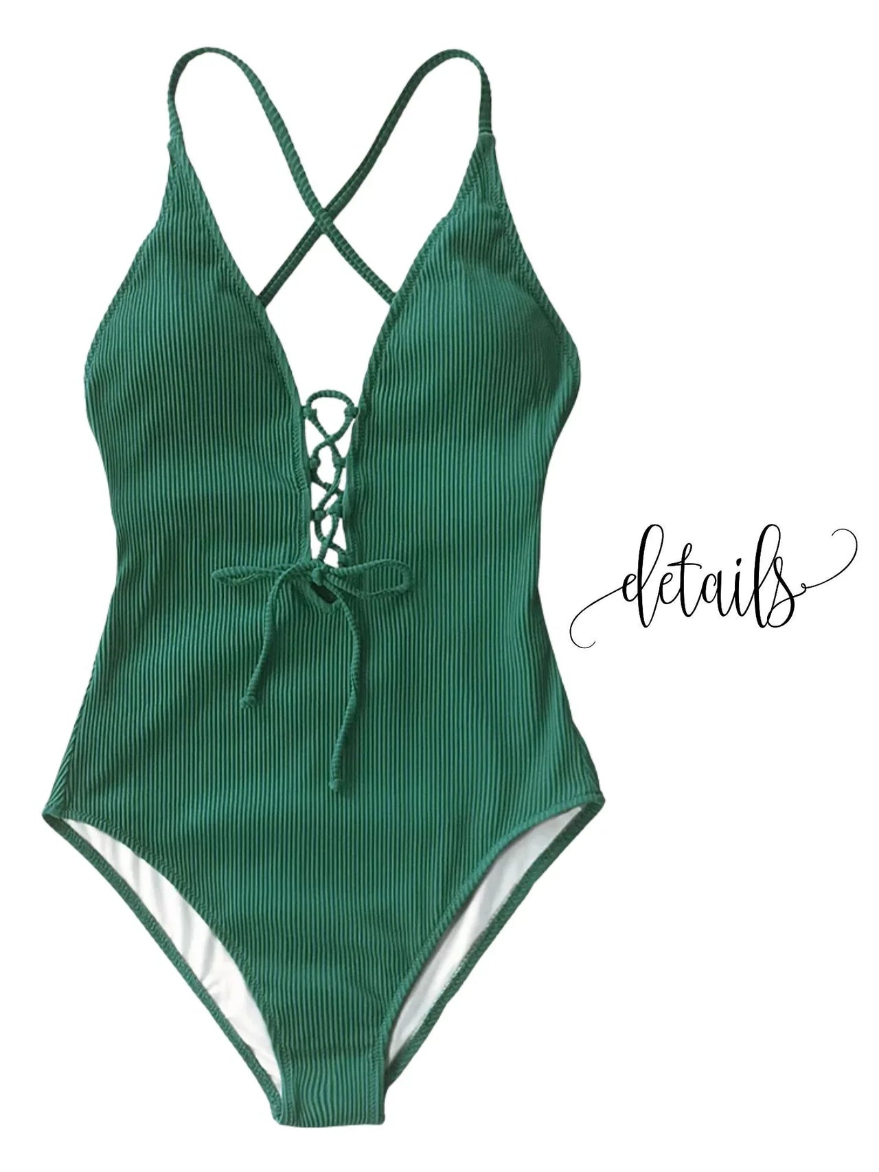 Green ribbed swimsuit with criss-cross straps on a white background