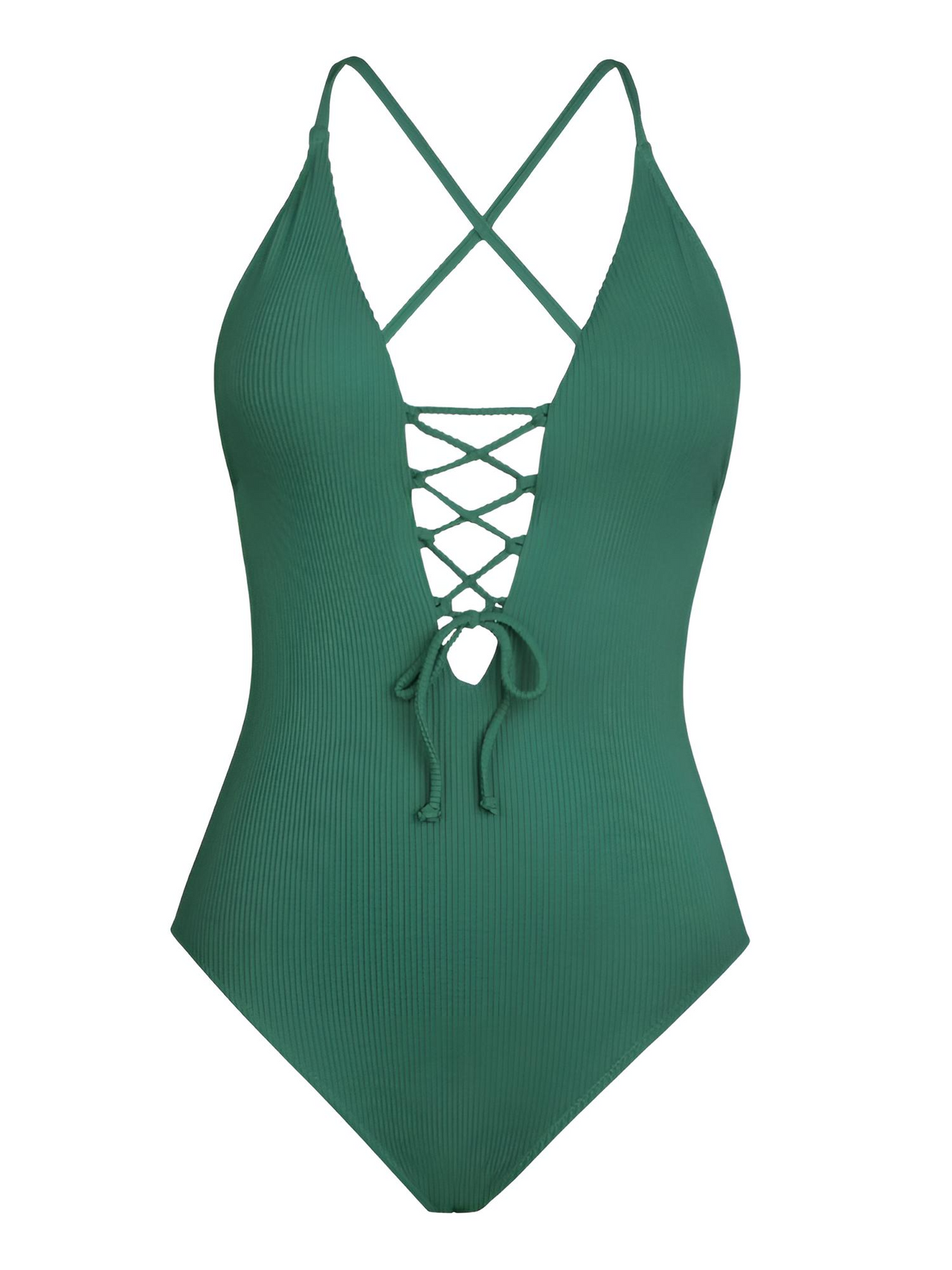 Green one-piece swimsuit with criss-cross lace-up front on a white background