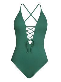 Thumbnail for Green one-piece swimsuit with criss-cross lace-up front on a white background
