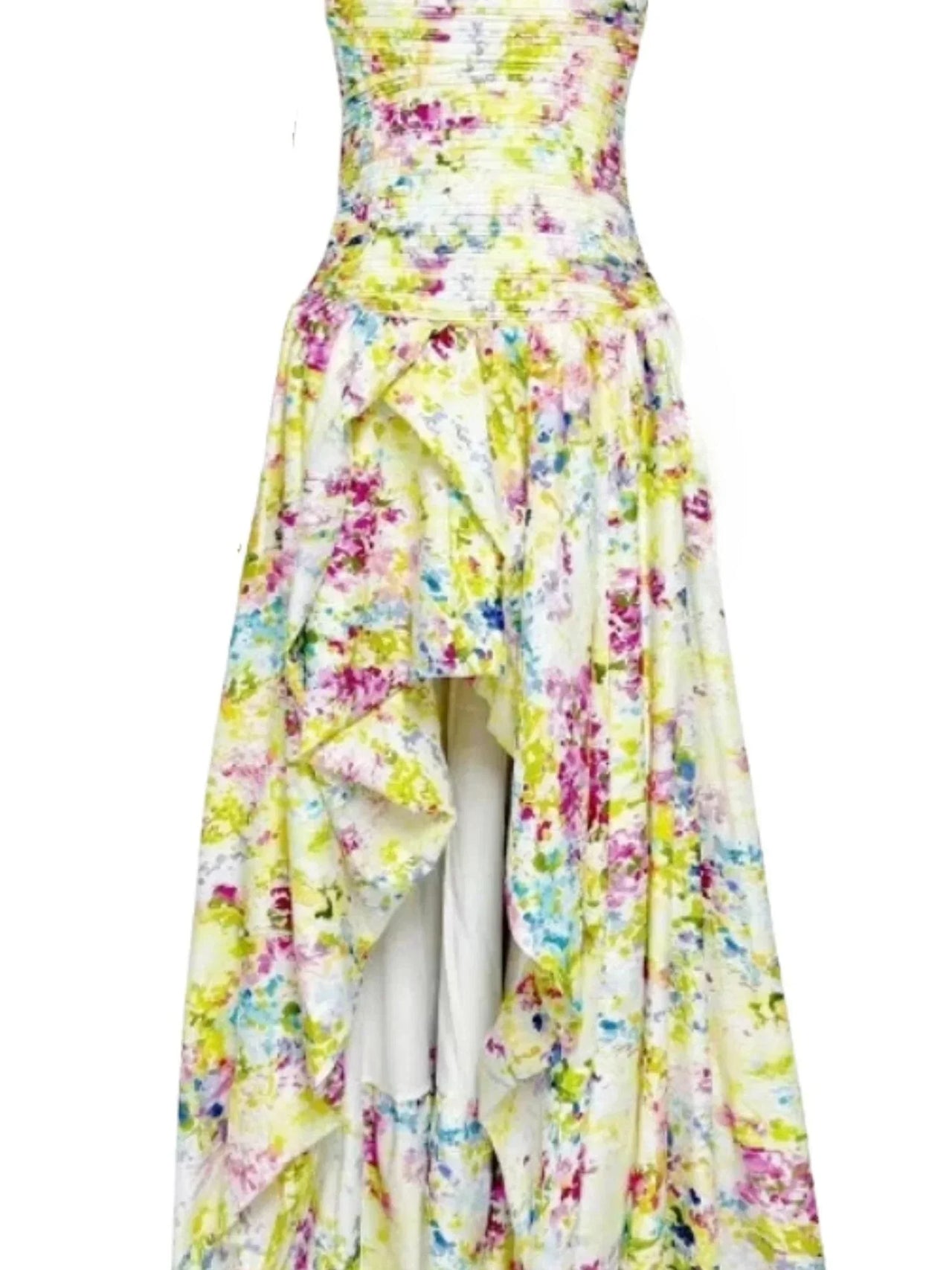 Yellow floral strapless long bubble dress with a high slit on a white background