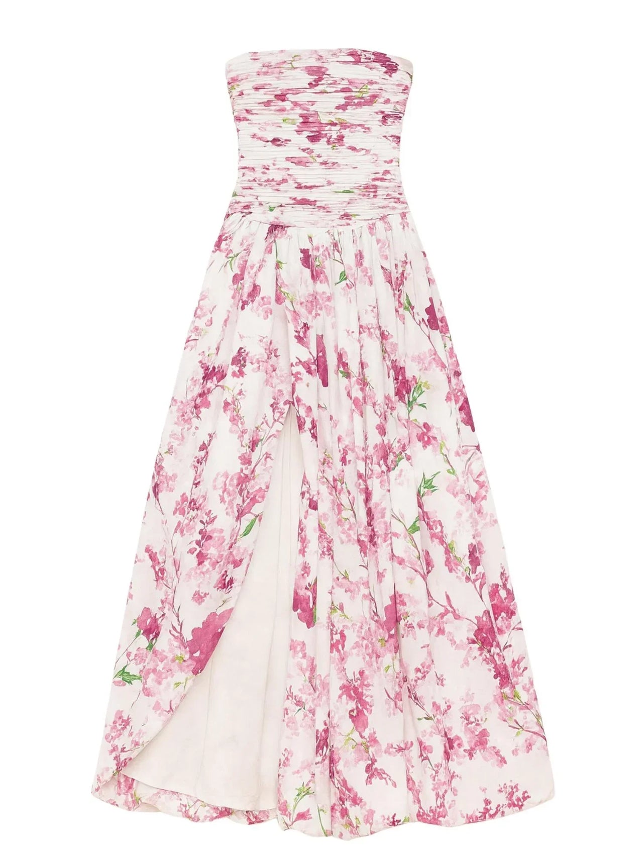 Pink floral strapless long bubble dress on a white background