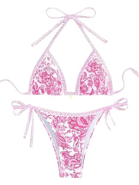 Thumbnail for String Halter Triangle Two-Piece Bikini Women's Swimwear Female Swimsuit Bathers Bathing Swimming Suit Beachwear Summer, Drestiny, Bikinis, Swimwear, Women's Swimwear, S, M, L, United States, USA, Canada, Australia, New Zealand, United Kingdom, UK, Blue, Brown, Pink, Yellow, Green, Black, Red, Black-Red, halter triangle bikini, two piece halter swimsuit, triangle top bikini, halter neck swimwear, sexy triangle bikini, shopdrestiny.com