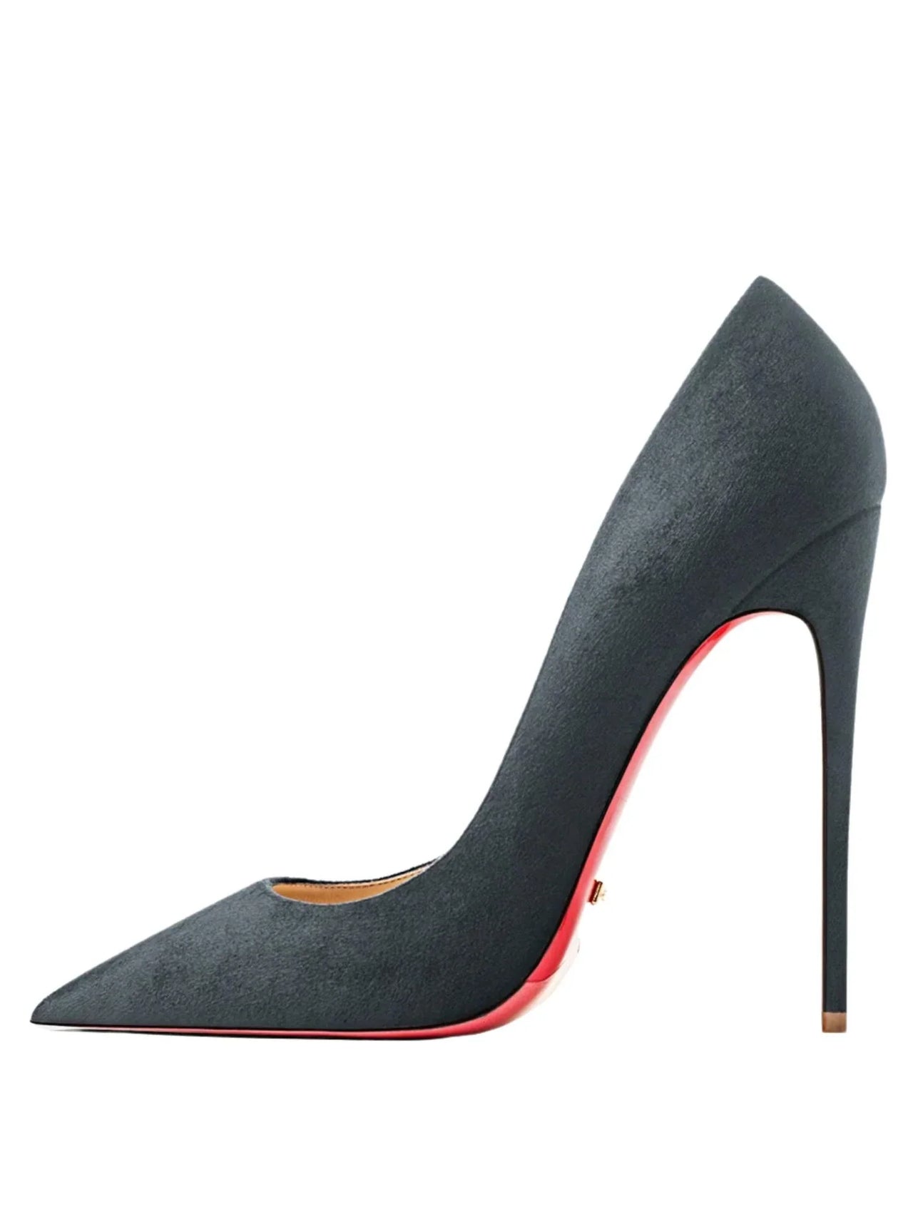 Dark grey high-heeled shoe with a red sole on a white background
