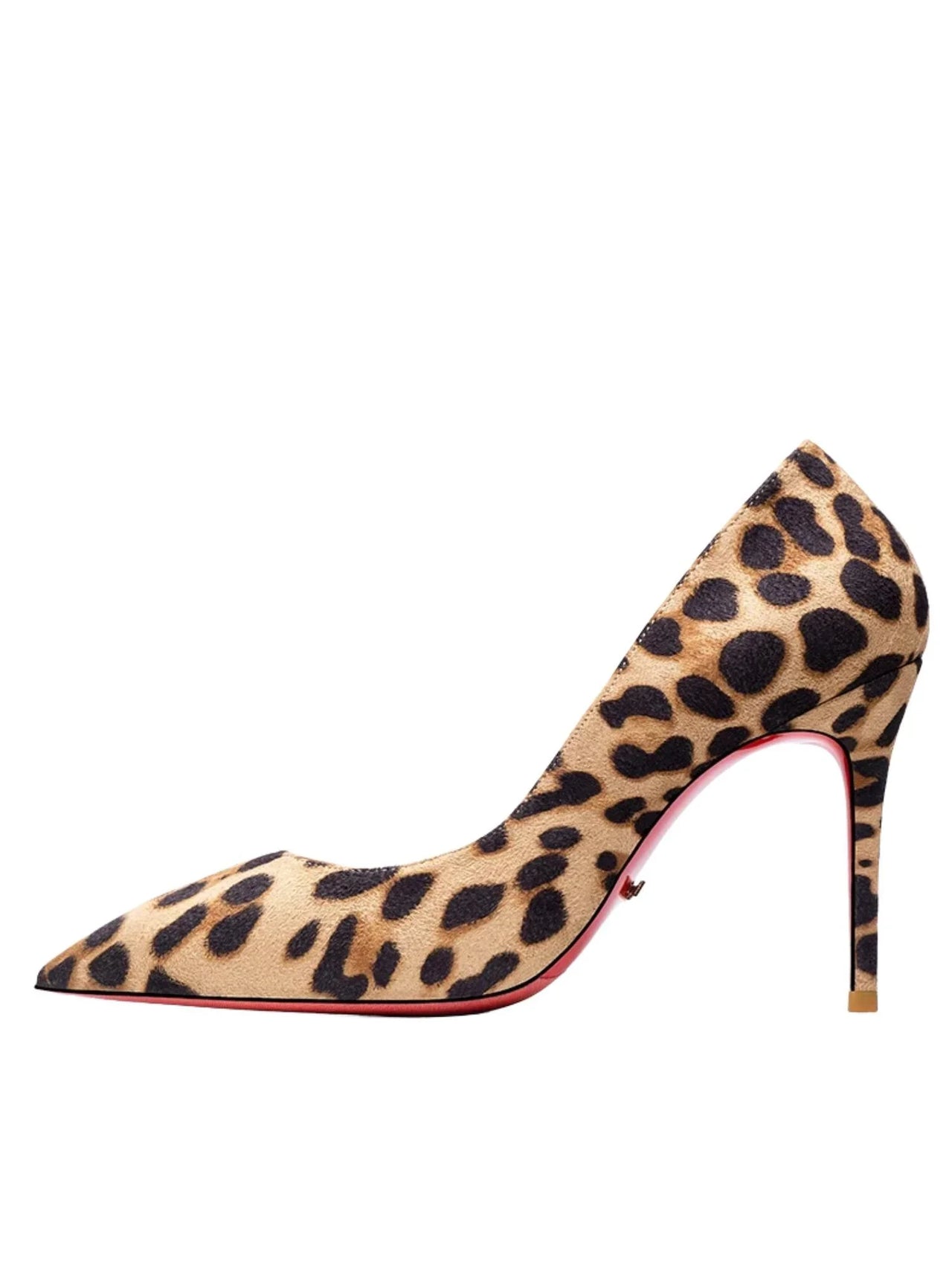 Leopard print high-heeled shoe with a red sole on a white background